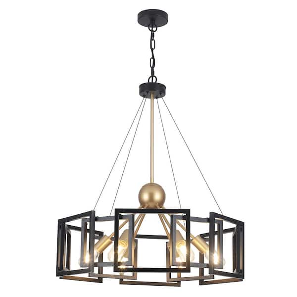 6-Light Black and Gold Geometric Modern Hanging Linear Chandelier Lighting for Kitchen Island