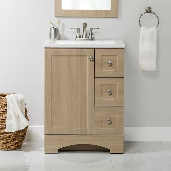 Lancaster 25 in. Single Sink Beige Oak Bath Vanity with White Cultured Marble Top (Assembled)