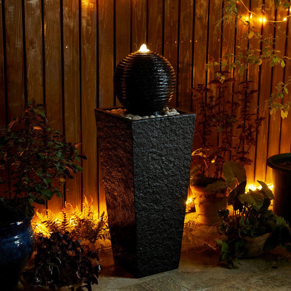 Modern Gray Polyresin Pedestal Fountain with LED Light