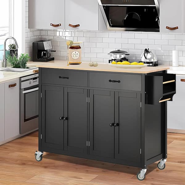 Black Wood 53.1 in. Kitchen Island on 5-Wheels with Storage Cabinet An