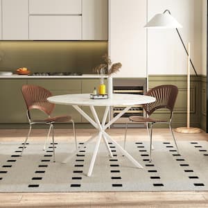 White Wood Marble Finish Top 47.24 in. Iron Cross Legs Occasional Dining Table (Seats-4) with 2-Piece Removable Top