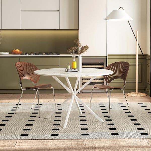 Tatahance White Wood Marble Finish Top 47.24 in. Iron Cross Legs Occasional Dining Table (Seats-4) with 2-Piece Removable Top
