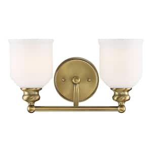 Melrose 14.5 in. W x 7.75 in. H 2-Light Warm Brass Bathroom Vanity Light with White Glass Shades