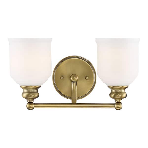 Savoy House Melrose 14.5 in. W x 7.75 in. H 2-Light Warm Brass Bathroom Vanity Light with White Glass Shades
