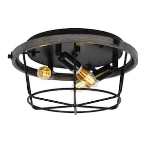 12.59 in. 3-Light Black Farmhouse Round Cage Flush Mount Ceiling Light for Dining Areas with No Bulbs Included