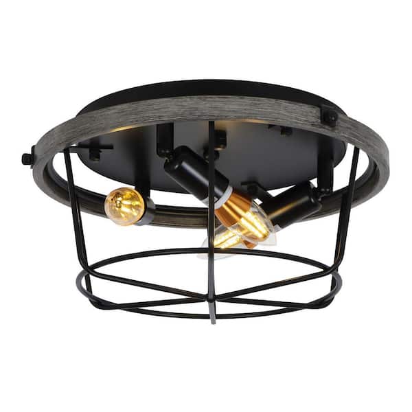 OUKANING 12.59 in. 3-Light Black Farmhouse Round Cage Flush Mount Ceiling Light for Dining Areas with No Bulbs Included