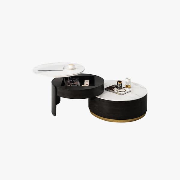 Unbranded 31.5 in. Black Modern Round Sintered Stone Lift-Top Nesting Coffee Table with Hidden Storage
