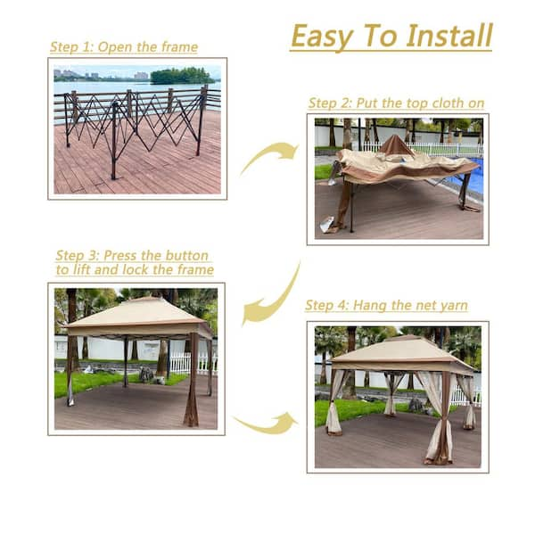 11 ft. x 11 ft. Coffee Outdoor 2-Tier Soft Top Pop Up Gazebo Canopy With  Removable Zipper Nettin (Gazebo)