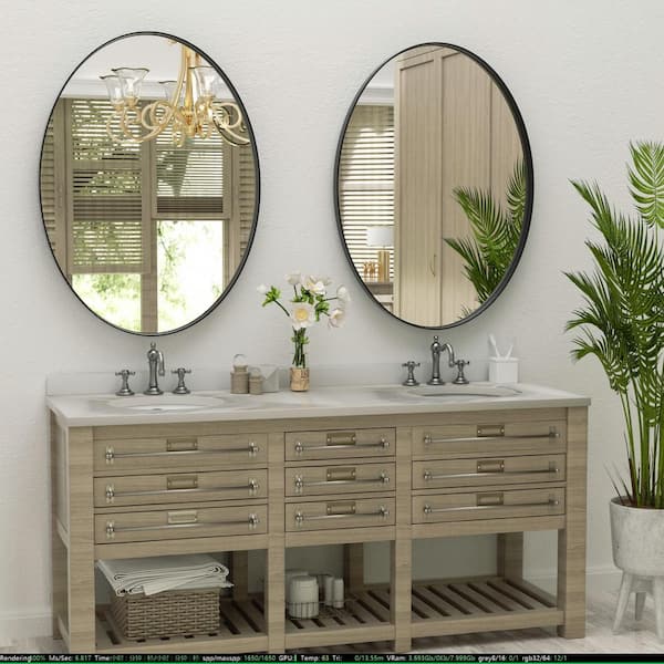 Black Metal Framed Oval Vanity Wall Mirror with Shelves