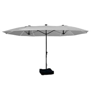 15 ft. Outdoor Rectangular Innovative Crank Market Patio Umbrella in Gray with 22 in. Base, Fiberglass Ribs, LED Lights