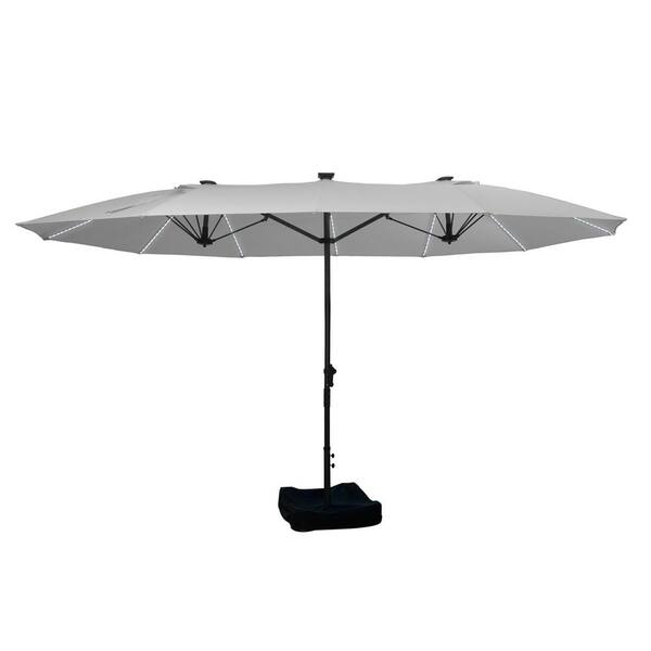 Clihome 15 ft. Outdoor Rectangular Innovative Crank Market Patio Umbrella in Gray with 22 in. Base, Fiberglass Ribs, LED Lights