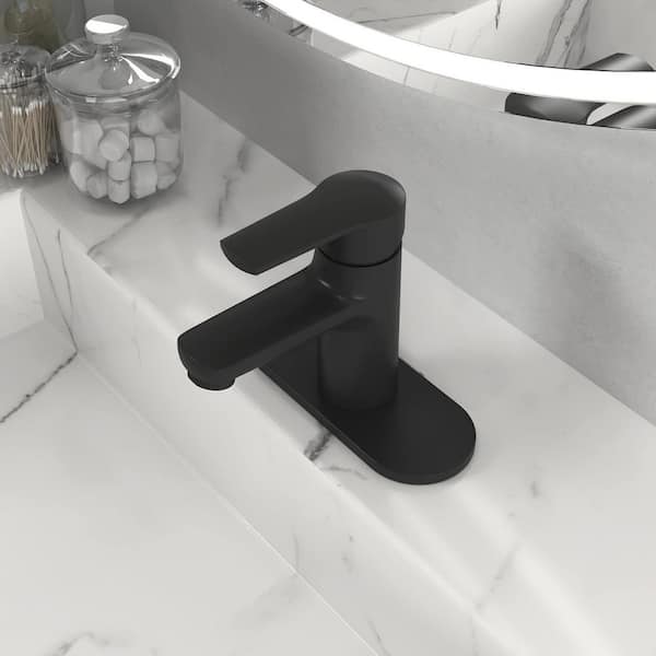 Single Handle Waterfall Vanity Faucet in Matte Black with Deck Plate and Drain