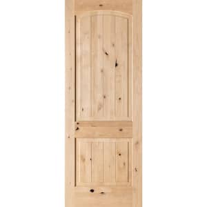 36 in. x 96 in. Rustic Knotty Alder 2-Panel Top Rail Arch V-Groove Unfinished Wood Front Door Slab