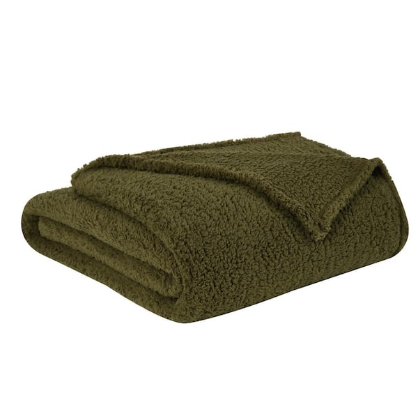 Brooklyn Loom Marshmallow Sherpa Olive Green Throw Blanket