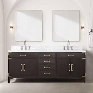 Fossa 80 in W x 22 in D Brown Oak Double Bath Vanity, Carrara Marble Top, Faucet Set, and 36 in Mirrors