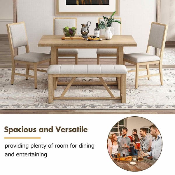 Polibi 6-Piece Rectangle Natural Wood Top Dining Room Set Seats 6