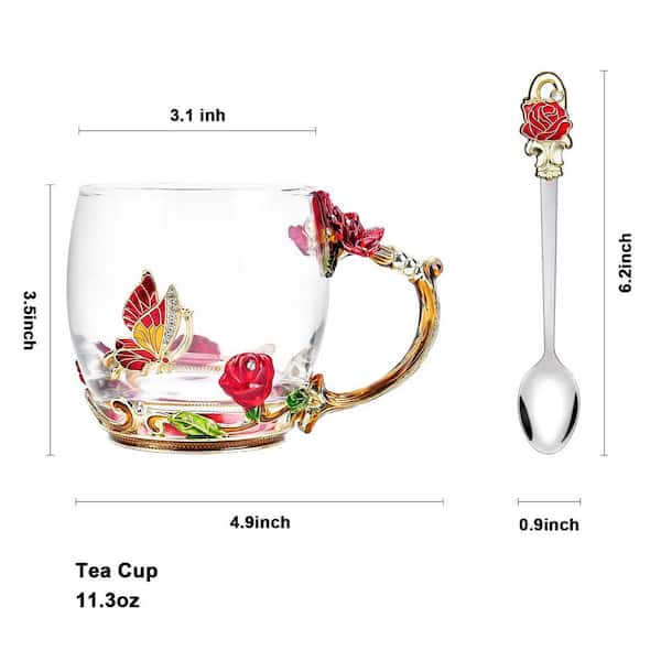 Numhew 12 oz Red Glass Mug (Set of 1), Suitable for Hot, Cold Drinks, with Matching Spoon, Floral 3D Design Drinkware for Gifts