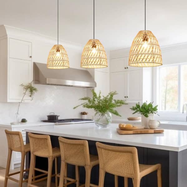 Summerdale 13 in. 1-Light Natural Rattan Pendant Light with Black Canopy