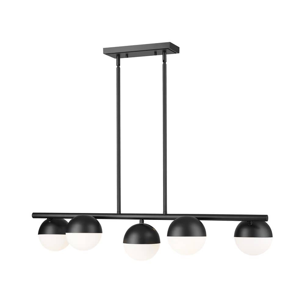 Realm Sphere 5 Light Matte Black Linear Chandelier with Matte Opal Glass Sh