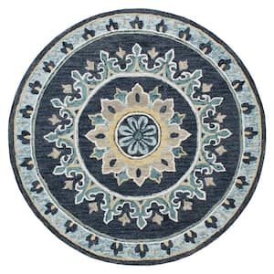 Emerson Gardens Navy Blue/Yellow 7 ft. Round Floral Medallion Border Wool Area Rug