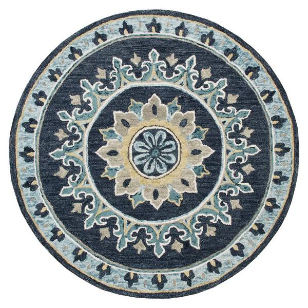 LR Home Emerson Gardens Navy Blue/Yellow 5 ft. Round Floral Medallion Border Wool Area Rug