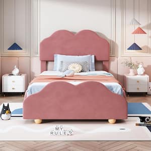 Dark Pink Wood Frame Twin Size Soft Velvet Upholstered Platform Bed with Lovely Cloud Shaped Headboard