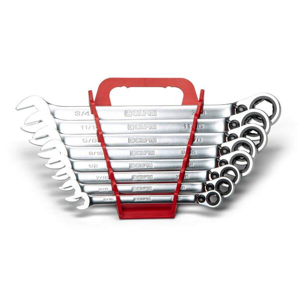 Capri Tools SAE 6-Point Long Pattern Reversible Ratcheting Combination Wrench Set with Wrench Rack (8-Piece)