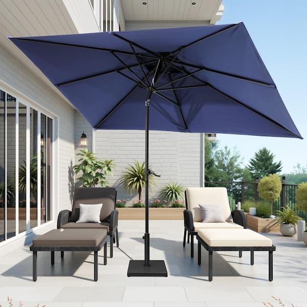 10 ft. x 6.5 ft. Rectangular Metal Market Crank and Tilt Patio Umbrella in Navy Blue, 43 lbs. Cement Umbrella Base