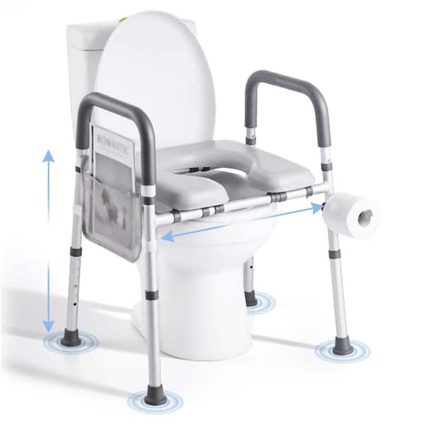 Raised Toilet Seat with Arms, Height & Width Adjustable, Padded Cushion Seat Riser with Handles, 400 Lbs Capacity