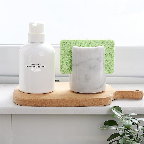 White Marble Sponge Holder Sink Caddy, Kitchen Counter Drying Rack, Space Saving Sponge Storage for Bathroom and Kitchen