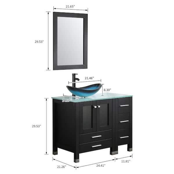 36 in. W x 21.3 in. D x 29.1 in. H Single Sink Bath Vanity in Black with Glass Top and Mirror