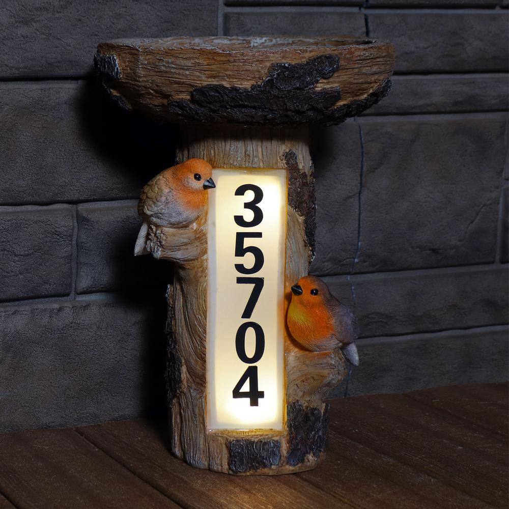 Rustic Brown Polyresin Tree Stump Bird Bath with Solar LED Address Plate