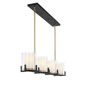 Eaton 48 in. W x 7.5 in. H 4-Light Matte Black with Warm Brass Accents Linear Chandelier with Clear/White Glass Shades