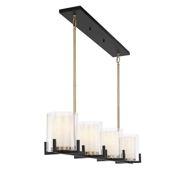 Savoy House Eaton 48 in. W x 7.5 in. H 4-Light Matte Black with Warm Brass Accents Linear Chandelier with Clear/White Glass Shades