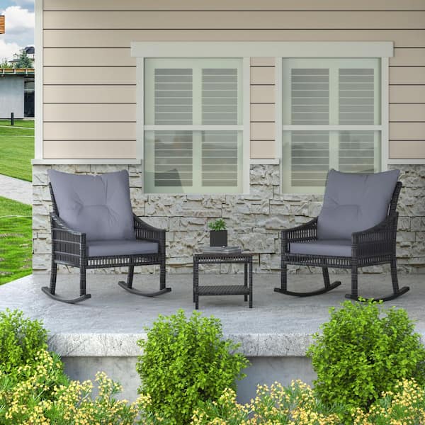 Gray 3-Piece Patio Wicker Outdoor Rocking Chair Set with Cushions and Pillows