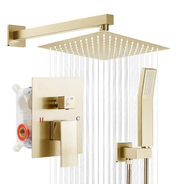 AKLFGN 1-Spray High Pressure Square 12 in. Shower Head Wall Mounted Shower Kit with Handheld Shower 2.5 GPM in Brushed Gold