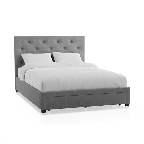 Furniture of America Stevies Gray Queen Upholstered Wood Frame Platform Bed With Foot Drawer