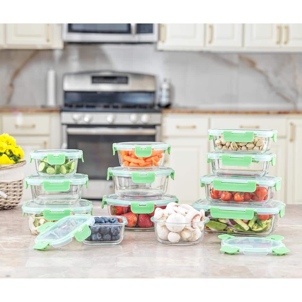 JoyFul 24-Piece Bright Green Glass Storage Containers with Leakproof Lids