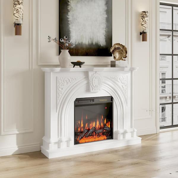 55.2 in. White Rectangle Wood Console Table with Electric Fireplace Heater, 12 Color Flame, Remote, Timer, Carved