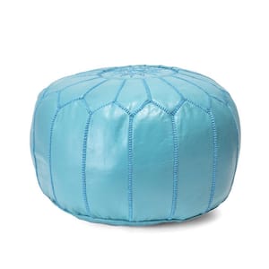 Handmade Moroccan Leather Filled Ottoman Turquoise Round Pouf