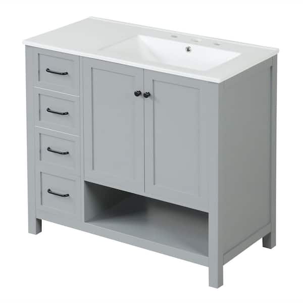 36 in. W x 18 in. D x 34 in. H Single Sink Freestanding Bath Vanity in Gray with White Ceramic Top
