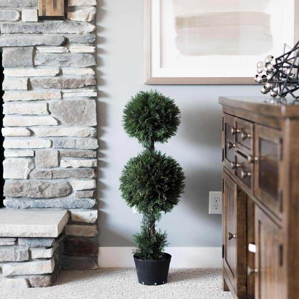 Elegant Outdoor Boxwood Double Ball Topiary with White Lights, 37"x11"
