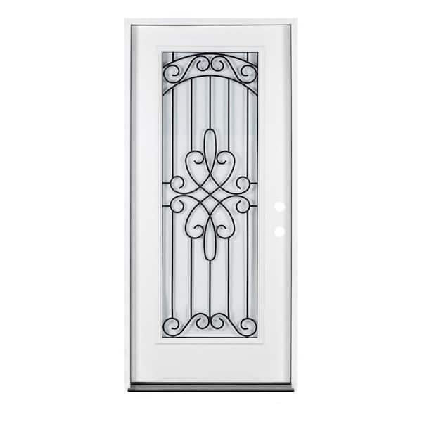 Unbranded 37.5 in. x 81.5 in. LH Inswing Wrought Iron Decorative Glass Alloy Snap-In Pre-Suspended Fiberglass Front Door Slab