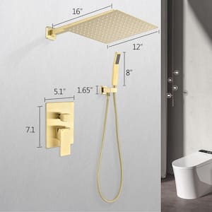 1-Spray Patterns 12 in. Wall Mount Square Rainfall Dual Shower Heads with Handheld in Brushed Gold