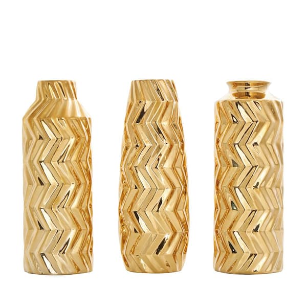 Litton Lane Gold Dimensional Chevron Textured Ceramic Decorative Vase with Varying Shapes (Set of 3) 044654