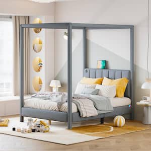 Gray Wood Frame Full Canvas Upholstered Canopy Bed with USB, Type-C Ports, Center Support Legs, 2-Side Storage Pockets