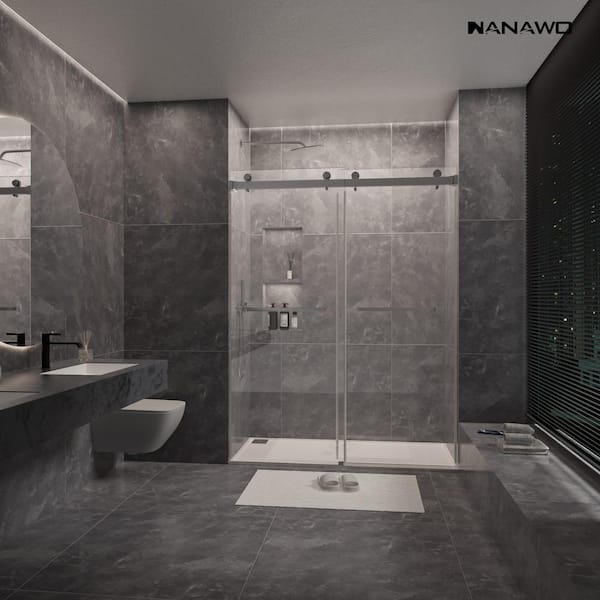 60 in. W x 80 in. H Sliding Frameless Shower Door in Gray with 3/8 in. Clear Glass