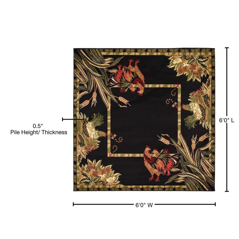 Black Floral Synthetic Square Indoor Rug, 6' x 6'