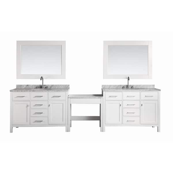 Design Element Two London 48 in. W x 22 in. D Vanity in White with Marble Vanity Top in Carrara White, Mirror and Makeup Table