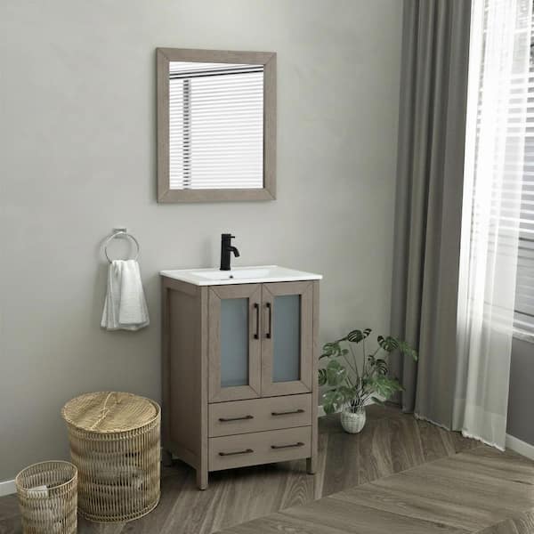 24 in. W x 18.1 in. D x 35.8 in. H Single Basin Driftwood Gray Bath Vanity with White Ceramic Top and Mirror